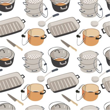 Kapaklı soslar, bıçaklar ve kaşıklar, tavada pürüzsüzlük. Mutfak eşyaları ve yemek pişirmek için kullanılan tabaklar. Yemek hazırlığı, çanak çömlek takımı. Düz biçimli aygıt vektörü