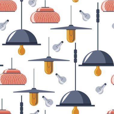 Çatı katı ya da minimalist iç dekorasyon için lambalar ve ampuller. Düşük enerjili avizenin kusursuz deseni. Floresan ya da halojen, yapay parlak, aydınlatma. Düz biçimli vektör