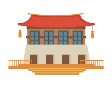 Doğu ülkelerinin mimarisi, Asya tipi binalar, Çin ya da Japonya 'nın geleneksel yapısı. Çatısı ve feneri olan ıssız bir bina, tarihi dönüm noktası veya turistik bölge vektörü