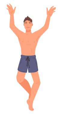 Yüzme şortu giyen, elini kaldıran, oyun oynayan aktif bir adam. Yaz tatilinde deniz kenarında sportif bir erkek. Yaz tatili ve rahatlama, düz stil karakter vektörünün mayoları