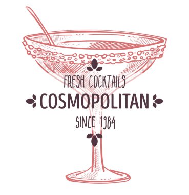 Üstünde yazı olan kozmopolit taze kokteyl etiketi üzerine şeker dökülmüş özel bardakta alkol. Menü ya da reklam için amblem. Bar veya gece kulübü için Cosmo içkisi, düz stil vektörü.
