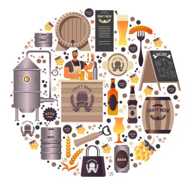 Bira yapımı ve satışı. Yeni zevkleri olan alkollü içecekler üretmek için kullanılan bira fabrikası, erkek veya mal sahibiyle alışveriş yapmak için. Üretim şişesi, abur cubur ve bar veya bar tablosu, vektör