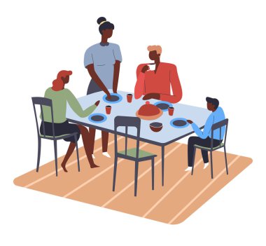 İnsanlar evde yemek yiyor, aile masada oturuyor. Ebeveynler ve çocuklar yemek yiyor, çay içiyor. Anne ve baba ve çocuklar. Hafta sonları veya tatillerde yemeklerin tadını çıkaran karakterler, düz vektörler