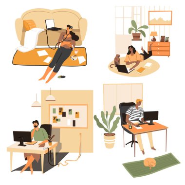 Bir grup genç insan evde vakit geçiriyor, erkek ve kadın karakterler iş veya rahatlama için dizüstü bilgisayar kullanıyorlar. Depresyondaki kadın müzik dinliyor, adam çalıştığı yerde çalışıyor, vektör düzlüğü düz.