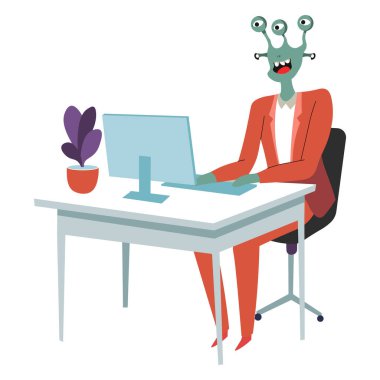 Uzaylı ofis projesinde çalışıyor, dünya dışı iş adamı, takım elbiseli bir karakter. Sekreter klavyede yazı yazıyor. Uzay işgalcisinin işyeri, gözleri olan canavar, düz bir vektör.