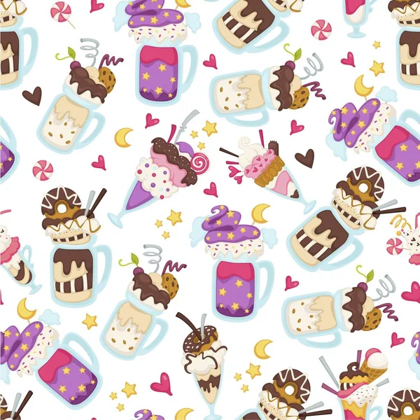 Delicious Ice Cream Topping Cookies Decor Seamless Pattern Dessert Served — Stock Vector