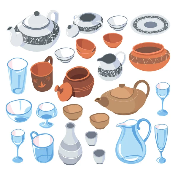 Колекція Посуду Подачі Столу Ізольований Набір Тарілок Келихів Чайників Чашок — стоковий вектор