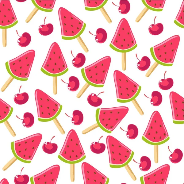 带有樱桃或西瓜香味的冰淇淋 无缝图案 美味的冷冻甜点在不同的夏天的味道 餐厅或商店菜单 夏天甜点用的明胶 扁平的载体 — 图库矢量图片