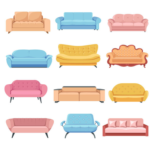 Furniture with soft fabrics and wooden elements, set of sofas in different styles. Contemporary and vintage couches. Pouf or armchair for interior of home or office. Comfy chair vector in flat