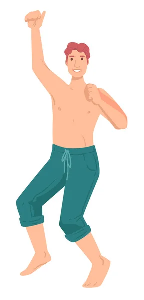 Hombre Descansando Vacaciones Verano Levantando Mano Personaje Masculino Deportivo Aislado — Vector de stock