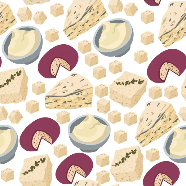 Milchprodukte Quark Schüssel Nahtlos Muster Verschiedene Speisen Camembert Und Parmesan — Stockvektor