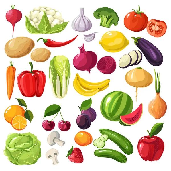 Légumes Fruits Betterave Brocoli Tomate Aubergine Poivre Carotte Chou Champignon — Image vectorielle