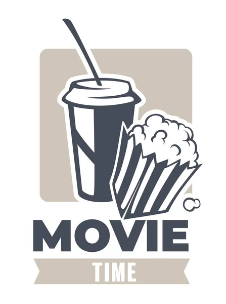 Przekąski Oglądania Filmów Baner Popcornem Pudełku Napój Słomką Etykieta Czasu — Wektor stockowy