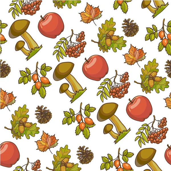 秋の葉 果物や野菜のシームレスなパターン アコーンとオークの木の枝 松のコーンとキノコ 熟した赤いリンゴと果実のあるローワーベリー 秋の季節 平らなスタイルのベクトル — ストックベクタ