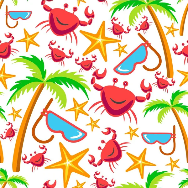 Tropische Pflanzen Und Wassertiere Nahtlose Muster Auf Weiß Lächelnde Krabben — Stockvektor
