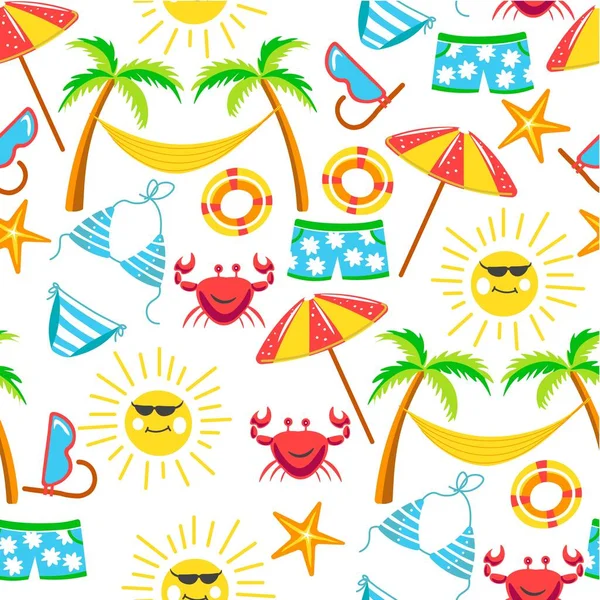 Palmier Tropical Avec Hamac Flore Marine Faune Motif Sans Couture — Image vectorielle