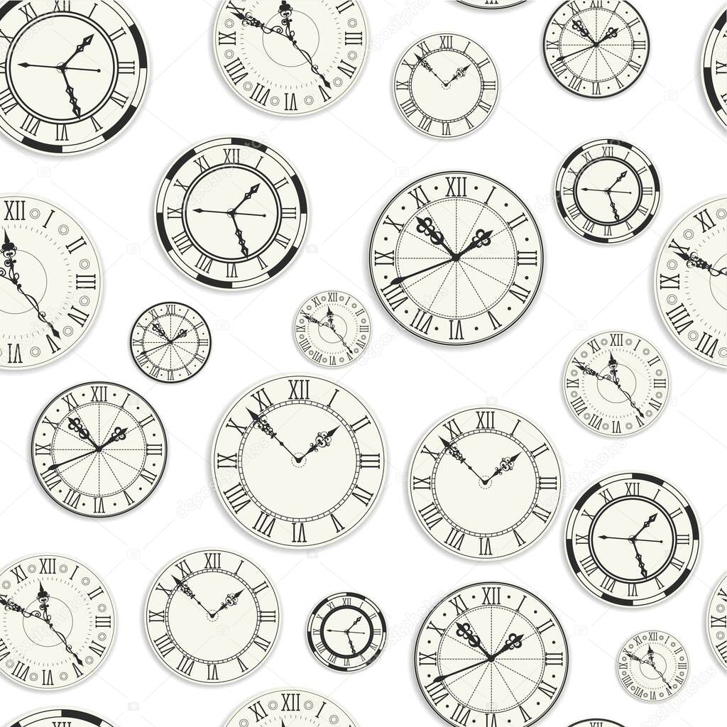 Retro clocks with fancy roman numbers and hands, seamless pattern of vintage watches. Rounded devices for telling time, countdown or stopwatch. Time management, deadline vector in flat style