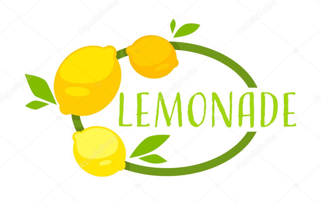 Juicy lemonade drink, organic product for detoxing and dieting. Healthy nutrition with vitamins and minerals. Lemonade beverage emblem, label with inscription and whole fruits, vector in flat style
