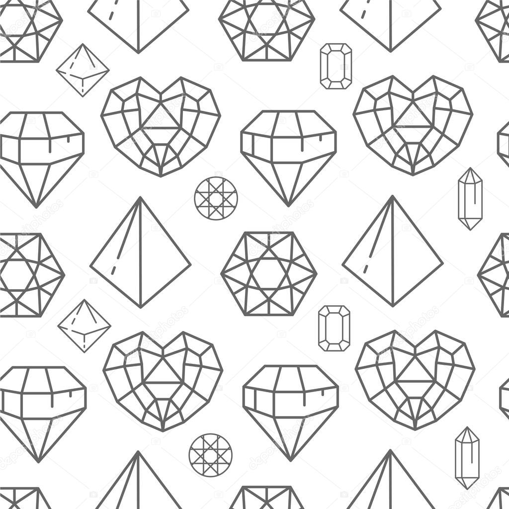 Jewelry and brilliants line art, jewels and gem stones seamless pattern. Colorless rocks with sides, triangles and hearts, geometric shapes. Glass jewel, decorative items, vector in flat style
