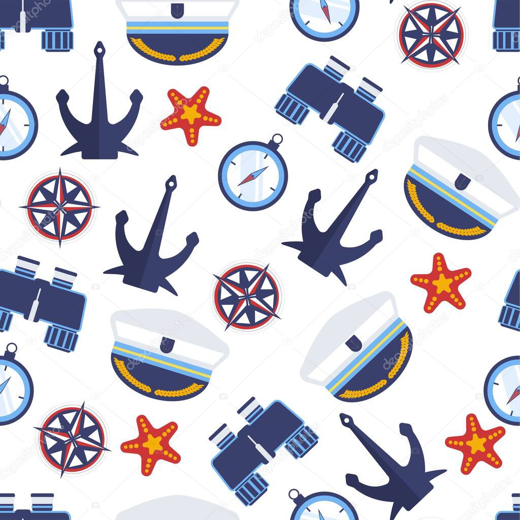 Nautical signs seamless pattern of anchor and compass, timer and captains hat, binoculars and sea star. Marine symbols, boy nursery theme. Sailing and navigation in oceans, voyages vector in flat