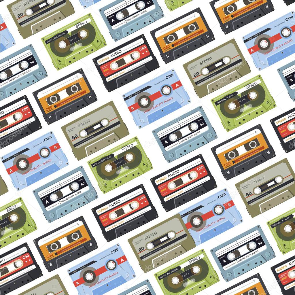 Cassettes and audiotapes seamless pattern on white. Audiocasette with music, retro record for listening songs in 80s and 90s. Mixtape or reel used for discos and partying. Vector in flat style