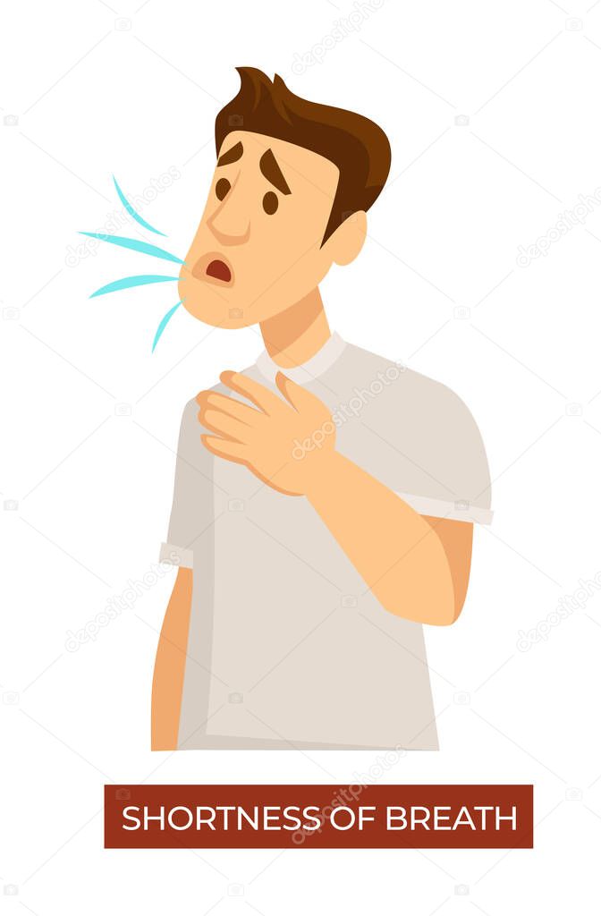 Male character with symptoms of coronavirus or infection. Man with shortness of breath, allergic person coughing holding neck. Difficulty in breathing, bronchial asthma, vector in flat style
