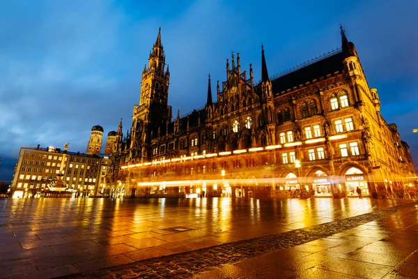 München Duitsland Jan 2018 Nacht Zicht Nieuwe Rathaus Marienplatz Old — Stockfoto