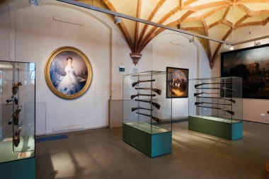 Schwerin, Almanya - 10 Eylül 2017: iç ve Schwerin kale müze Sergisi. Müzenin güzel Odalar, silah, ince çini ve gümüş ducal kez görkemi gösterir.