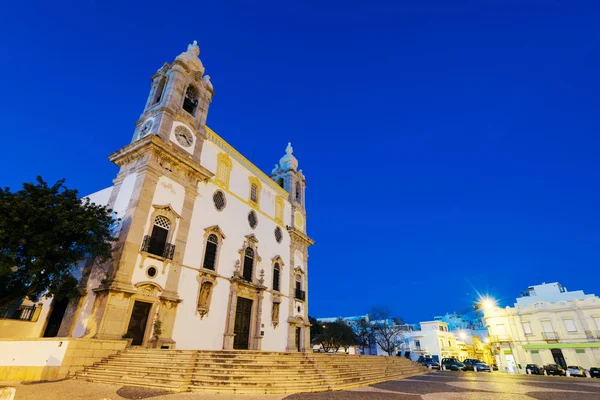 Nocny Widok Kościoła Carmo Kaplica Kości Faro Portugalia — Zdjęcie stockowe
