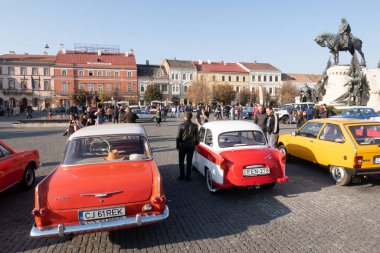 Cluj Napoca, Romania - 26 Oct, 2019: Visitors at the Retro Mobile Autumn Parade in Cluj Napoca, Romania, Oldtimer Show in Cluj Napoca. Trabant