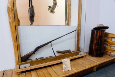 Cluj Napoca, Romania - 25 Oct, 2019: Hunting tools  in the Ethnographical Museum of Transylvania in Cluj Napoca, Romania. 