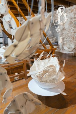 Brasov, Romania - Nov 10, 2019: An Art exhibition in the White Tower or Turnul Alb in Brasov. Group exhibition of Arina Ailincai, Andrei Florian, Gavril Zmicala artists . 