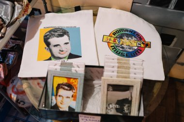 Bucharest, Romania - Dec 14, 2019: Souvenir with the phtoo of Ceausescu for sale in the Romanian Kitsch Museum (Bucharest)