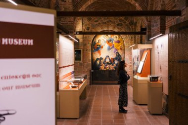 Meteora, Greece - Dec 16, 2019: Visitors inside the Museum of the Varlaam Monastery in Meteora, Greece. 