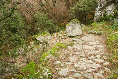 Meteora, Greece - Dec 19, 2019: Hiking path at Meteora,Greece