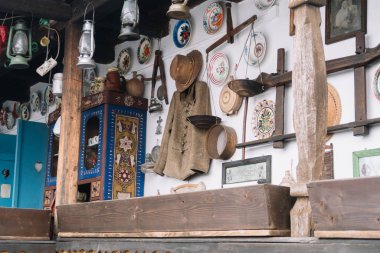 Praid, Romania - Dec 07, 2019: Collection of  Hungarian national costumes and another traditional folklore items in  Transylvania, Praid, Europe, Romania. 
