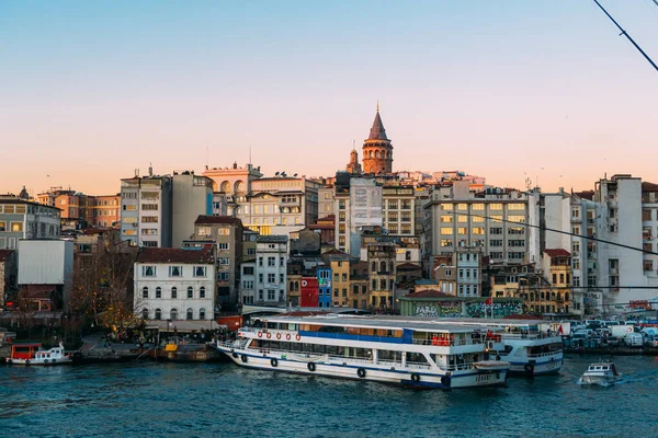 Istanbul Turkey Jan 2020 Ferry Boat Golden Horn Galata Tower — Stock Photo, Image