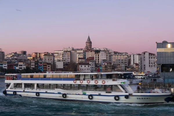 Istanbul Turkey Jan 2020 Ferry Boat Golden Horn Galata Tower — Stock Photo, Image