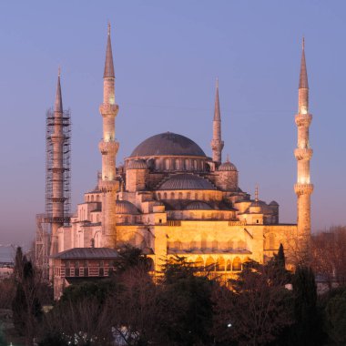 Istanbul, Turkey - Jan 11, 2020: Night top view over Sultan Ahmed Mosque or Blue Mosque, Sultanahmet, Istanbul, Turkey 