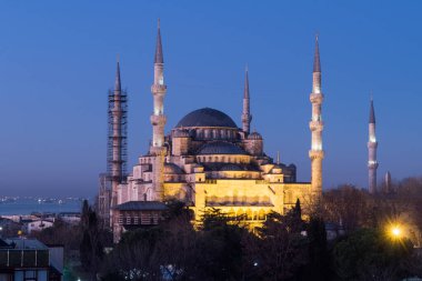 Istanbul, Turkey - Jan 11, 2020: Night top view over Sultan Ahmed Mosque or Blue Mosque, Sultanahmet, Istanbul, Turkey 