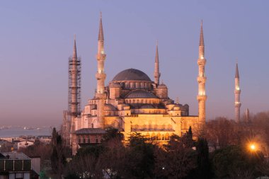 Istanbul, Turkey - Jan 11, 2020: Night top view over Sultan Ahmed Mosque or Blue Mosque, Sultanahmet, Istanbul, Turkey 