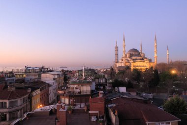 Istanbul, Turkey - Jan 11, 2020: Night top view over Sultan Ahmed Mosque or Blue Mosque, Sultanahmet, Istanbul, Turkey 