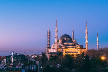 Istanbul, Turkey - Jan 11, 2020: Night top view over Sultan Ahmed Mosque or Blue Mosque, Sultanahmet, Istanbul, Turkey 