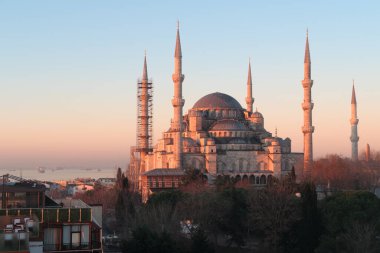 Istanbul, Turkey - Jan 11, 2020: top view over Sultan Ahmed Mosque or Blue Mosque, Sultanahmet, Istanbul, Turkey 