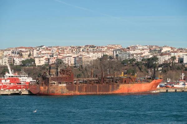 Istanbul Turecko Ledna 2020 Spálený Vrak Pohled Spálenou Loď Otevřeném — Stock fotografie