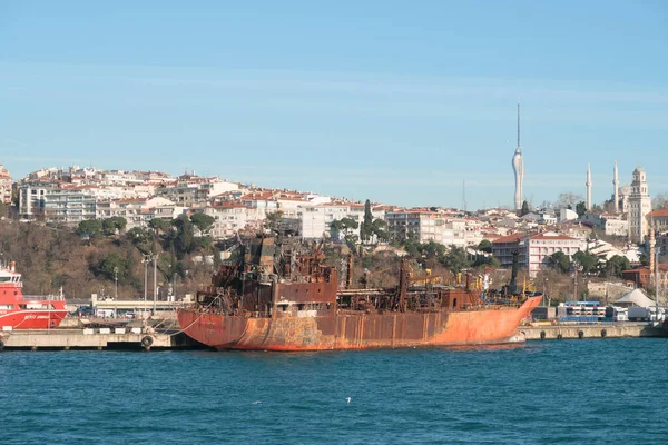 Estambul Turquía Enero 2020 Naufragio Quemado Vista Barco Quemado Mar — Foto de Stock