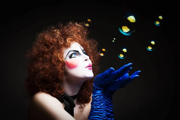 Woman mime with soap bubbles. — Stock Photo, Image
