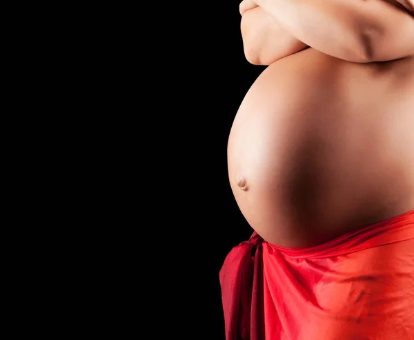Όμορφη γυμνή Έγκυος γυναίκα χαϊδεύει την κοιλιά της — Φωτογραφία Αρχείου