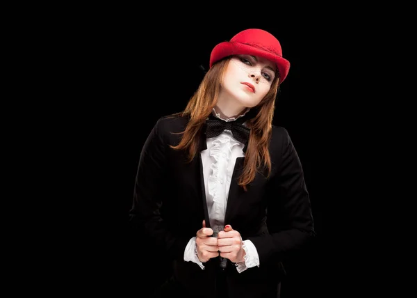 High fashion look. portrait of beautiful sexy young female woman with red lips on black background with hat — Stock Photo, Image
