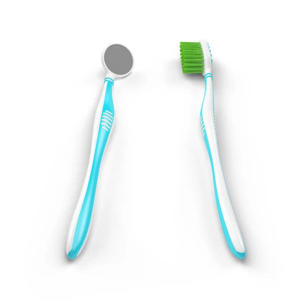 No trademarks. My own design of the toothbrush and the dental mirror. 3D Illustration.